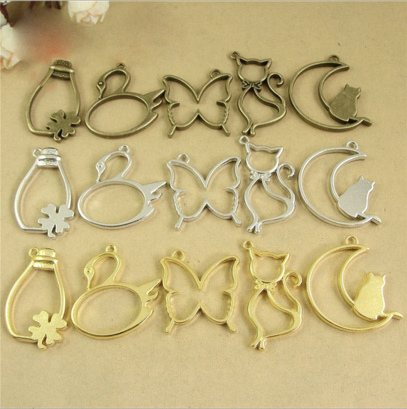 Bezels Pendant Resin - 5 pcs Cat moon shape Metal