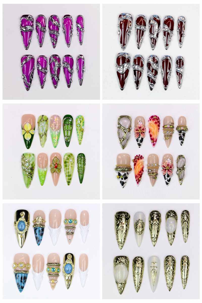 10Pcs Long Stiletto Press-On N - Resin Art Of Flowers 评论和价格
